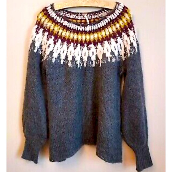 FREE PEOPLE Fairisle Knit Furry Sweater Wool Oversized Boho Streetwear 80s Y2K M - Picture 2 of 15